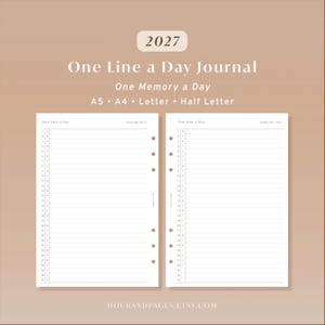 May include: A 2027 One Line a Day Journal planner page set featuring January and February layouts. The white pages include horizontal lines for daily entries, numbered dates, and punch holes for binding. Text includes 2027, One Line a Day, One Memory a Day, A5, A4, Letter, Half Letter, and hourandpages.etsy.com.