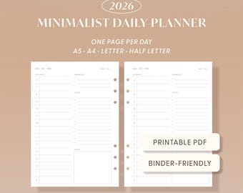 2026 Minimalist Daily Planner Inserts Printable Productivity Hourly Schedule PDF A5 A4 Letter Half