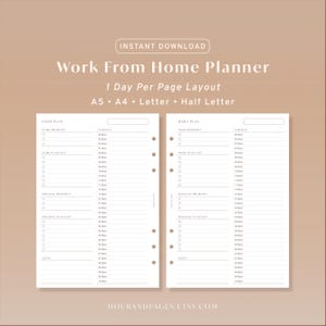Peut inclure: Un planificateur de travail à domicile numérique avec une mise en page d'un jour par page, disponible en formats A5, A4, Letter et Half Letter. Les pages blanches incluent des sections pour les priorités, les listes de tâches et les horaires.