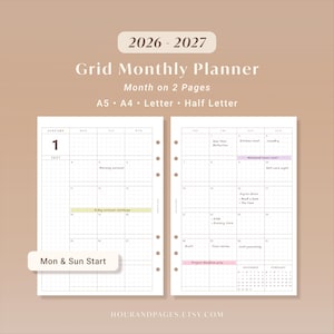 Agenda mensuel 2026 2027 - Calendrier quadrillé imprimable du mois sur 2 pages Insérer un PDF | A5 A4 Lettre demi