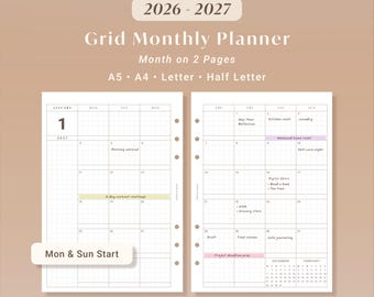 2026 2027 Monthly Planner Printable Grid Calendar Month on 2 Pages Insert PDF | A5 A4 Letter Half