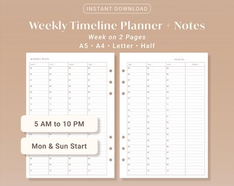 Weekly Timeline Planner with Notes Printable Insert Hourly Schedule PDF | A5, A4, Letter, Half