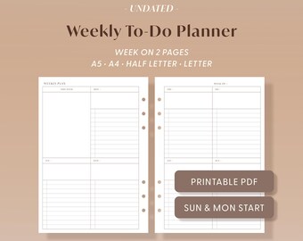 Undated Weekly To-Do List Planner: Printable A5, A4, Letter, Half Sizes (PDF Download)