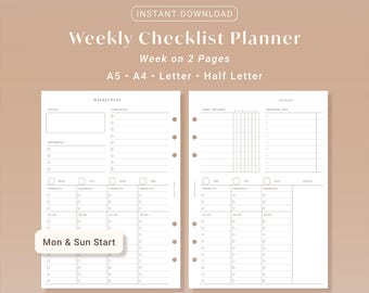 Weekly Checklist Planner Printable Daily To Do List Task Organizer | A5 A4 Letter Half