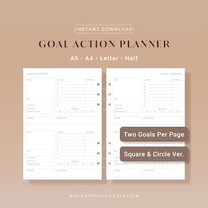 Goal Action Planner printable layout featuring two goal sections per page with action steps deadline tracking progress bar and square or circle checkbox styles in A5 A4 Letter and Half sizes