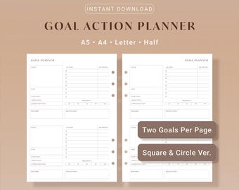 Goal Action Planner Printable: Goal Setting and Productivity Tracker (A5, A4, Letter, Half)