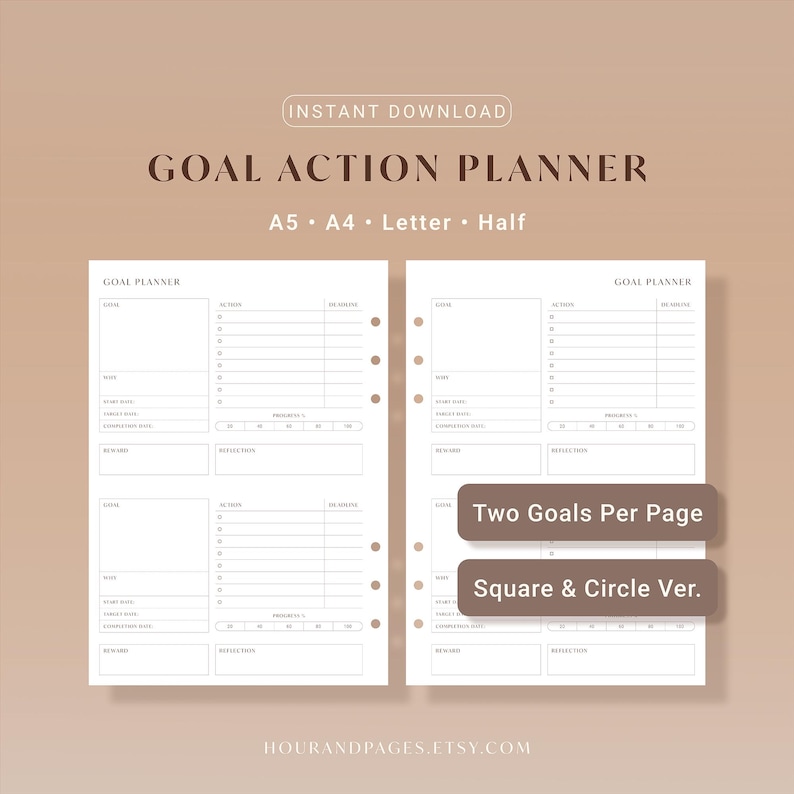 Goal Action Planner printable layout featuring two goal sections per page with action steps deadline tracking progress bar and square or circle checkbox styles in A5 A4 Letter and Half sizes