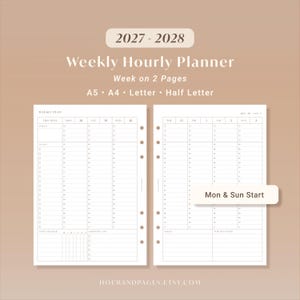 Puede incluir: Una plantilla de planificador semanal por horas 2027-2028 en dos páginas con opciones A5, A4, Letter y Half Letter. El diseño incluye columnas para los días, franjas horarias, lista de tareas, seguimiento de hábitos y lista de compras.