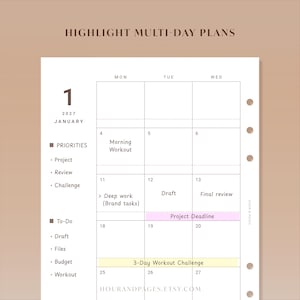 May include: A white planner page for January 2027 featuring a monthly calendar grid with columns for Monday, Tuesday, and Wednesday. The page includes sections for priorities and to-do lists, with handwritten text and highlighted rows.