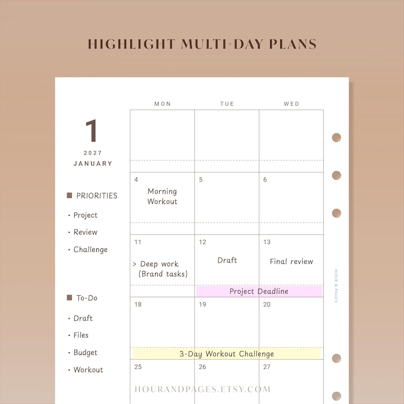 May include: A white planner page for January 2027 featuring a monthly calendar grid with columns for Monday, Tuesday, and Wednesday. The page includes sections for priorities and to-do lists, with handwritten text and highlighted rows.