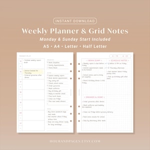 May include: A digital weekly planner and grid notes template featuring text that reads Weekly Planner & Grid Notes, Monday & Sunday Start Included, A5, A4, Letter, Half Letter, and hourandpages.etsy.com. The layout includes sections for priorities, to-do lists, notes, brain dump, schedule notes, and errands & home.
