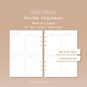 Op de afbeelding: Een digitale weekplanner-sjabloon op twee pagina's met gelinieerde secties van maandag tot en met zondag. De tekst luidt Instant Download, Weekly Organizer, Week on 2 pages, A5, A4, Letter, Half Letter, Mon & Sun Start, Lined & Unlined.