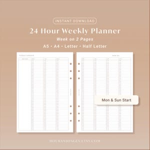 Agenda hebdomadaire 24 heures à imprimer | Emploi du temps horaire, A5, A4, Lettre, Demi-format (Téléchargement PDF)