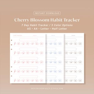 Könnte beinhalten: Ein druckbarer Cherry Blossom Habit Tracker mit einem weichen beigefarbenen Hintergrund. Der Tracker hat ein Blumendesign mit drei Farboptionen und ist in den Größen A5, A4, Letter und Half Letter erhältlich. Der Text "INSTANT DOWNLOAD" steht oben.