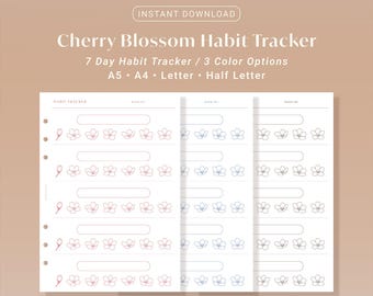 Cherry Blossom Habit Tracker Printable: Weekly Habit Challenge Daily Routine Floral Planner Insert PDF