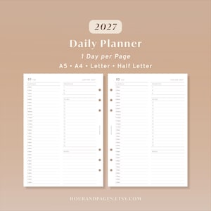 May include: A 2027 daily planner template with one day per page, available in A5, A4, Letter, and Half Letter sizes. The layout features a schedule, priorities, to-do list, and notes section. The text reads 2027 Daily Planner 1 Day per Page.