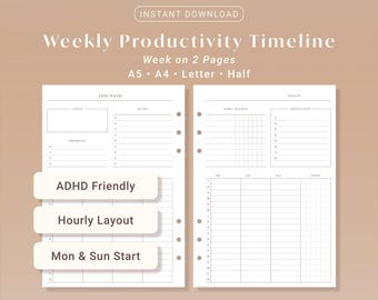 Weekly Productivity Planner: ADHD Friendly Hourly Time Blocking (A5, A4, Letter, Half) PDF