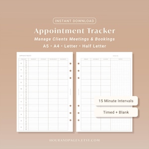 May include: A printable appointment tracker with the text "Appointment Tracker" and "Manage Clients Meetings & Bookings." The design includes sections for time slots, days of the week, and notes. Formats include A5, A4, Letter, and Half Letter.