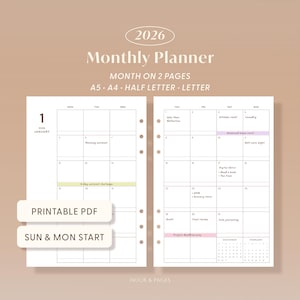 2026 Monthly Planner Printable PDF Dated Calendar Inserts Minimalist Layout A5 A4 Letter Half