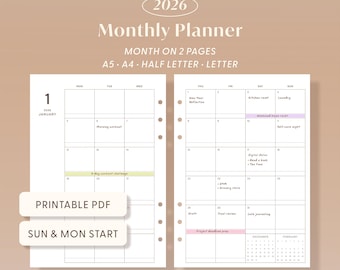 2026 Monthly Planner Printable PDF Dated Calendar Inserts Minimalist Layout A5 A4 Letter Half