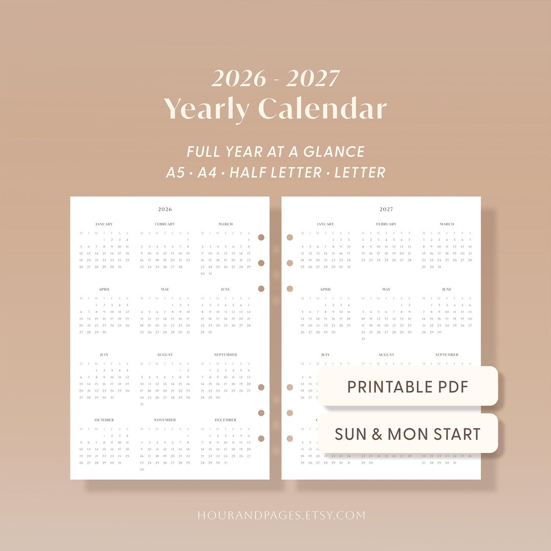 2026-2027 Yearly Calendar Printable PDF Insert Year at A Glance A5 A4 ...