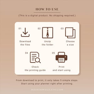 May include: A beige graphic with instructions for a digital product. The text reads "HOW TO USE" and details five steps: download files, unzip the folder, choose a size, check the printing guide, and print. The text "HOURANDPAGES.ETSY.COM" is at the bottom.