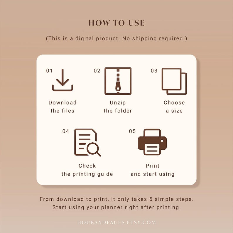 May include: A beige graphic with instructions for a digital product. The text reads "HOW TO USE" and details five steps: download files, unzip the folder, choose a size, check the printing guide, and print. The text "HOURANDPAGES.ETSY.COM" is at the bottom.