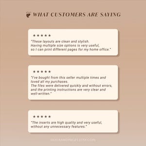 May include: A beige graphic with customer testimonials. The text reads "WHAT CUSTOMERS ARE SAYING" at the top. Three white rectangular boxes contain customer reviews with five-star ratings. The Etsy shop URL is at the bottom.
