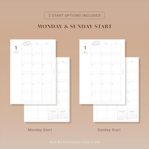 May include: A digital calendar planner page featuring two layout options: Monday start and Sunday start. The white pages display a monthly grid for January 2021 with small calendar previews for December and February. Text includes 2 START OPTIONS INCLUDED, MONDAY & SUNDAY START, and hourandpages.etsy.com.