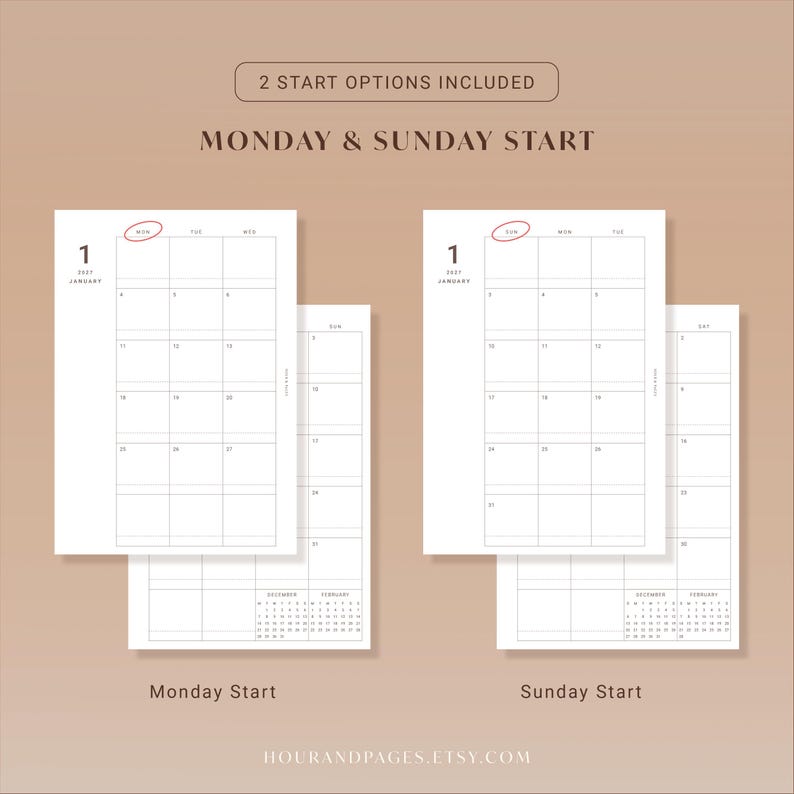May include: A digital calendar planner page featuring two layout options: Monday start and Sunday start. The white pages display a monthly grid for January 2021 with small calendar previews for December and February. Text includes 2 START OPTIONS INCLUDED, MONDAY & SUNDAY START, and hourandpages.etsy.com.
