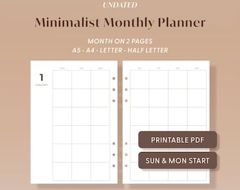 Undated Monthly Planner Printable Minimalist Month at a Glance Reusable A5 A4 Letter Half