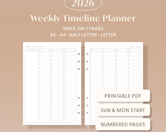 2026 Weekly Timeline Planner Minimalist Printable inserts Hourly Schedule PDF | A5, A4, Letter, Half