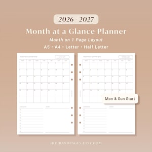 Op de afbeelding: Een maandplanner lay-out voor 2026-2027, met een maandoverzicht op één pagina. Inclusief secties voor checklists en notities, beschikbaar in A5, A4, Letter en Half Letter formaten. De tekst "Mon & Sun Start" is zichtbaar. Het ontwerp is wit met beige.