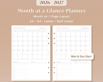 2026-2027 Monthly Calendar Planner Printable Month at a Glance Inserts | A5 A4 Letter Half