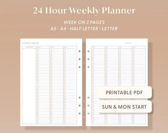 24 Hour Weekly Planner Printable | Hourly Schedule, A5 A4 Letter Half (PDF Download)