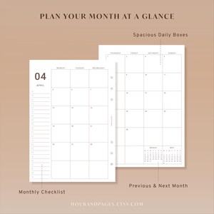 May include: A monthly planner insert featuring the text PLAN YOUR MONTH AT A GLANCE. The layout includes a monthly checklist, spacious daily boxes, and small calendars for the previous and next months. The pages are white with black grid lines.