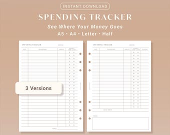 Spending Tracker Printable Expense Log Budget Planner Insert | A5 A4 Letter Half