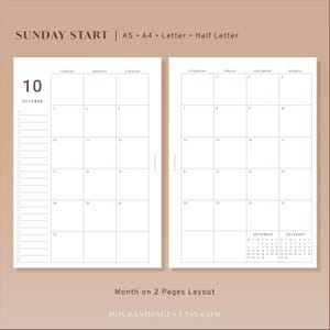 May include: A two-page monthly calendar layout for October with a Sunday start. The left page features a grid for the first three weeks and a vertical checklist. The right page shows the remaining weeks and small September and November calendars.