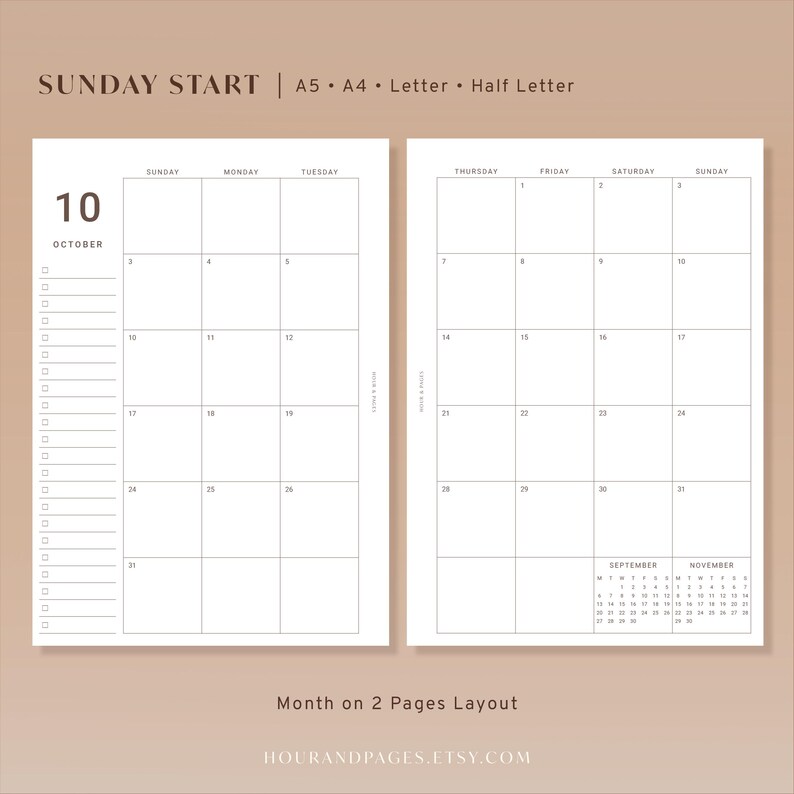 May include: A two-page monthly calendar layout for October with a Sunday start. The left page features a grid for the first three weeks and a vertical checklist. The right page shows the remaining weeks and small September and November calendars.
