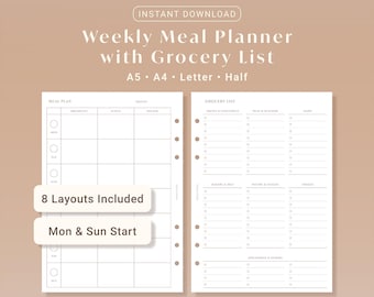 Weekly Meal Planner with Grocery List | Family Meal Prep (A5, A4, Letter, Half)