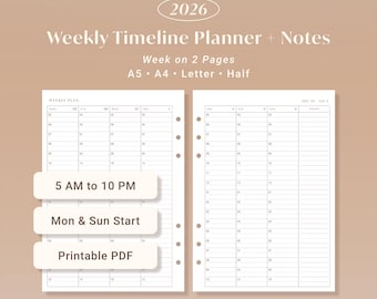 2026 Weekly Timeline Planner with Notes Printable Insert Hourly Schedule | A5, A4, Letter, Half