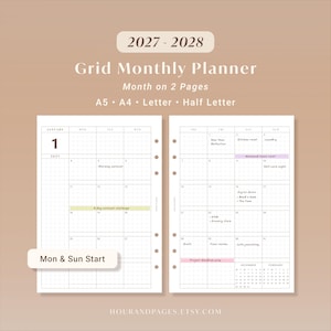 Peut inclure: Un planificateur mensuel à grille 2027-2028 avec une mise en page mois sur deux pages. Le planificateur propose des formats A5, A4, Letter et Half Letter avec des options de début lundi et dimanche. Les pages blanches affichent un calendrier.