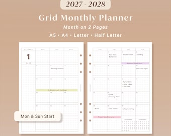 May include: A 2027-2028 grid monthly planner with a month on two pages layout. The planner features A5, A4, Letter, and Half Letter size options with Monday and Sunday start choices. The white pages show a grid calendar with handwritten tasks.