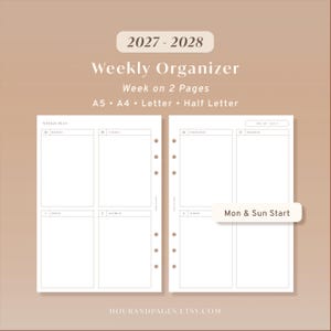 Könnte beinhalten: Ein 2027-2028 Wochenplaner-Einlagensatz mit einer Wochenübersicht auf zwei Seiten. Die weißen Seiten enthalten schwarzen Text, darunter Weekly Plan, die Wochentage und Mon & Sun Start. Die Seiten verfügen über Lochungen.