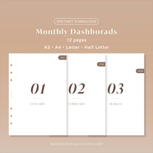 May include: A set of digital monthly dashboard planner pages featuring white backgrounds with brown text. The pages are labeled 01 January, 02 February, and 03 March, with corresponding month tabs. Text includes Instant Download, Monthly Dashboards, 12 pages, A5, A4, Letter, Half Letter.