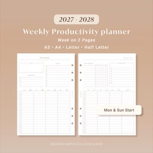 May include: A 2027-2028 weekly productivity planner with a week on 2 pages layout, available in A5, A4, Letter, and Half Letter sizes. The planner features sections for goals, to-do lists, priorities, habit tracking, and hourly schedules.