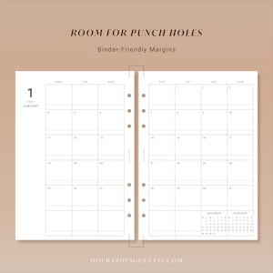 May include: A two-page monthly calendar layout for January 2027 with a white background and black grid lines. The text reads ROOM FOR PUNCH HOLES, Binder-Friendly Margins, 1 JANUARY, and includes small calendars for December and February.