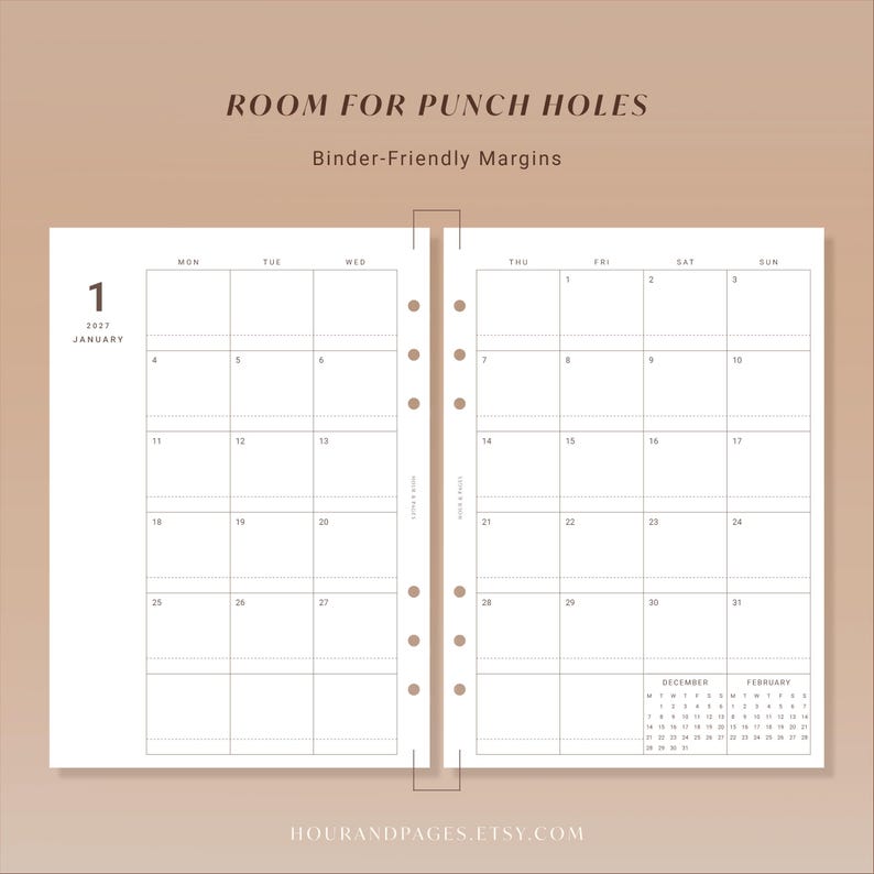 May include: A two-page monthly calendar layout for January 2027 with a white background and black grid lines. The text reads ROOM FOR PUNCH HOLES, Binder-Friendly Margins, 1 JANUARY, and includes small calendars for December and February.