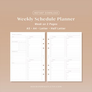 Puede incluir: Una plantilla de planificador semanal digital de dos páginas con secciones para objetivos, seguimiento de hábitos, listas de compras, notas, prioridades diarias y listas de tareas, incluyendo perforaciones para carpetas y etiquetas de días.