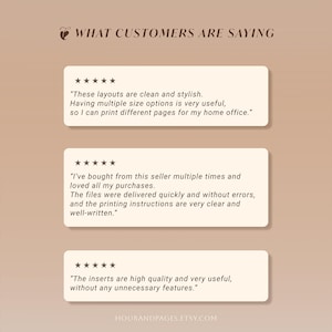 May include: A graphic display titled WHAT CUSTOMERS ARE SAYING featuring three five-star reviews on cream-colored rectangular boxes. The text includes customer feedback about clean layouts, multiple size options, quick file delivery, and high-quality inserts.